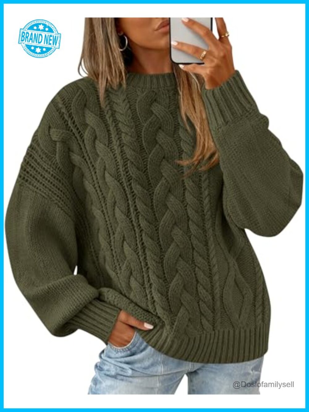 Oversized Cable Knit Sweater Crewneck Pullover Long Lantern Sleeve Loose Fit